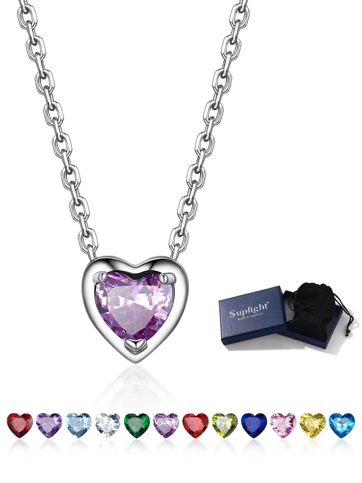 Silver Necklace 925 Sterling Silver Birthstone Love Heart Necklace Mother'S Day Gift