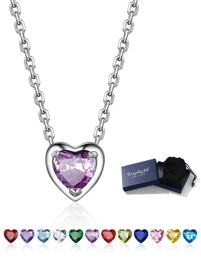 Silver Necklace 925 Sterling Silver Birthstone Love Heart Necklace Mother'S Day Gift