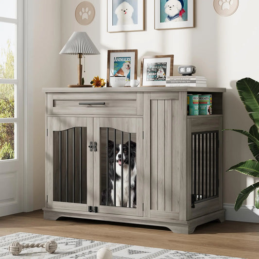 Wooden Kennel with Storage & Feeding Station