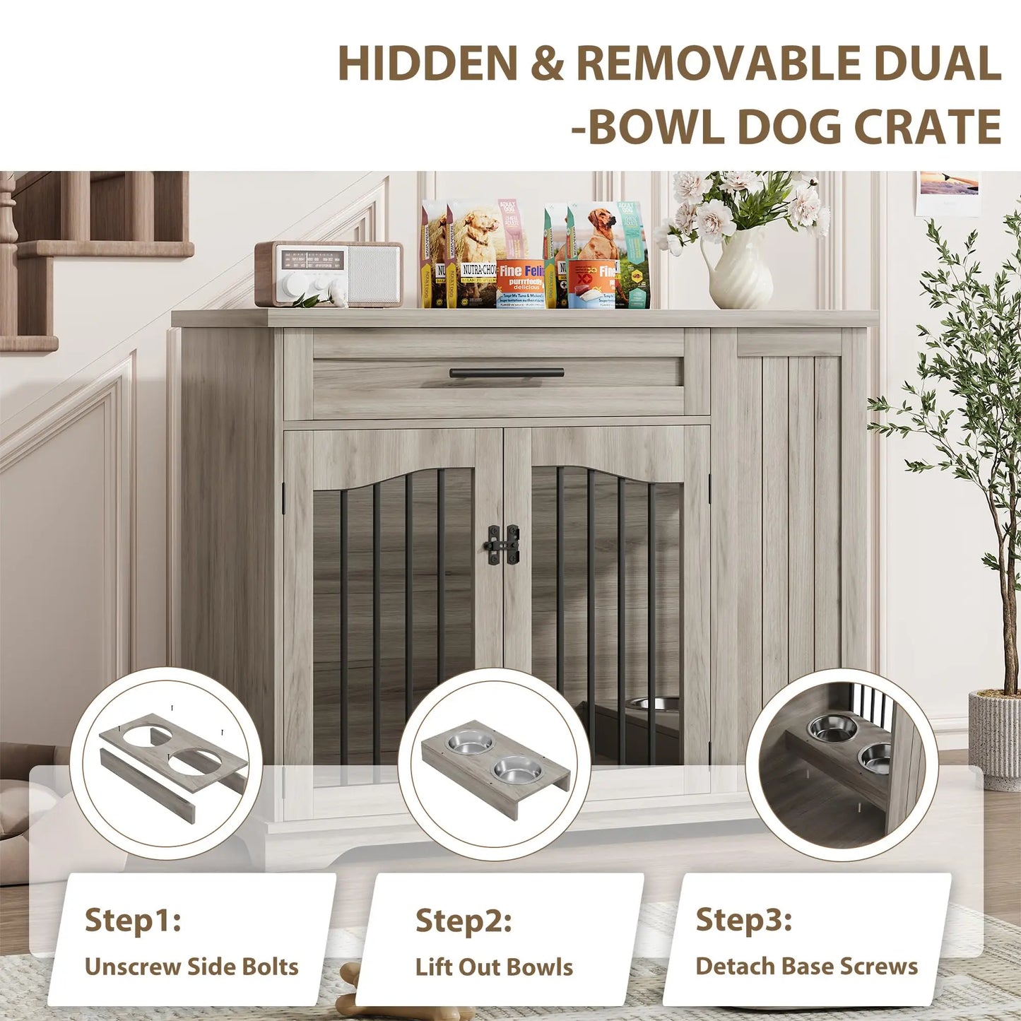 Wooden Kennel with Storage & Feeding Station