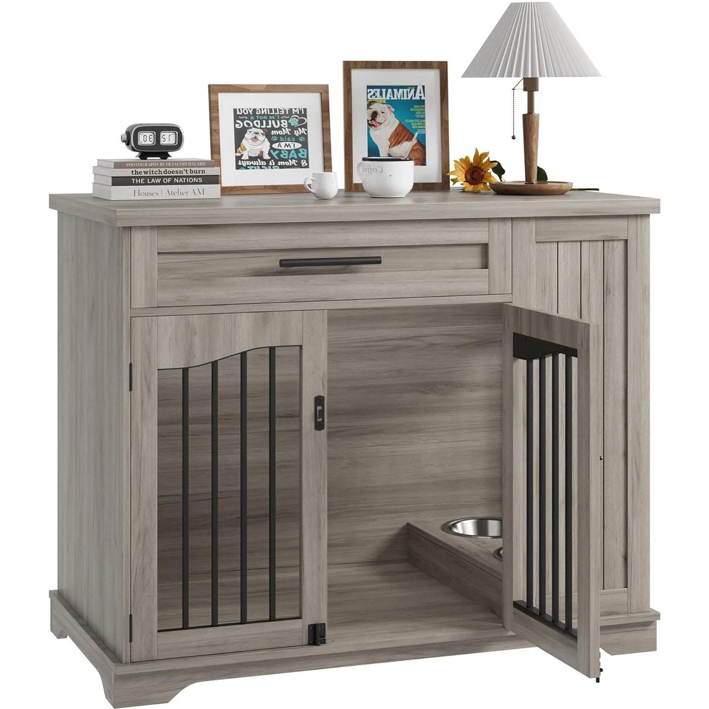 Wooden Kennel with Storage & Feeding Station