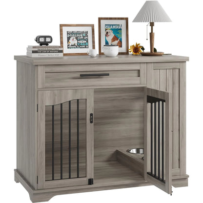 Wooden Kennel with Storage & Feeding Station